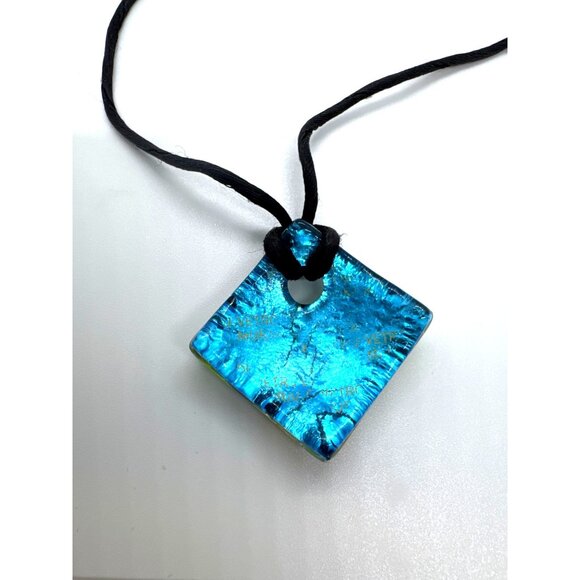 Murano Glass Millefiori Dichroic Square Pendant Necklace VS Artisan Blue Floral - Picture 4 of 9
